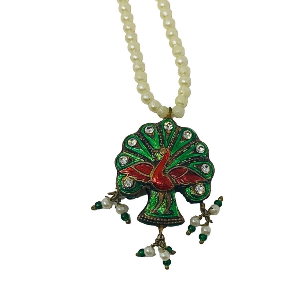 Vintage 70s Peacock Pendant Faux Pearl Beaded Bird Necklace